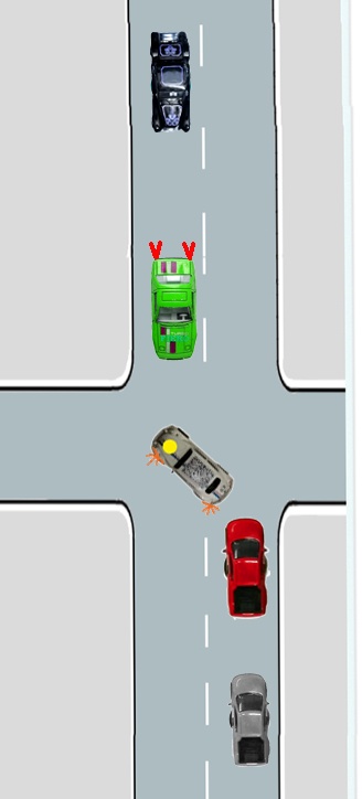 Abbiegen nach links (der Wagen mit dem gelben Punkt), Drängler rot. Gegenverkehr (grün) bremst