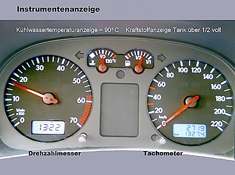 Instrumentenanzeige an der Armaturentafel, Pkw. Links Drehzahlmesser, rechts Tacho Instrumentenanzeige an der Armaturentafel, Pkw. Links Drehzahlmesser, rechts Tacho